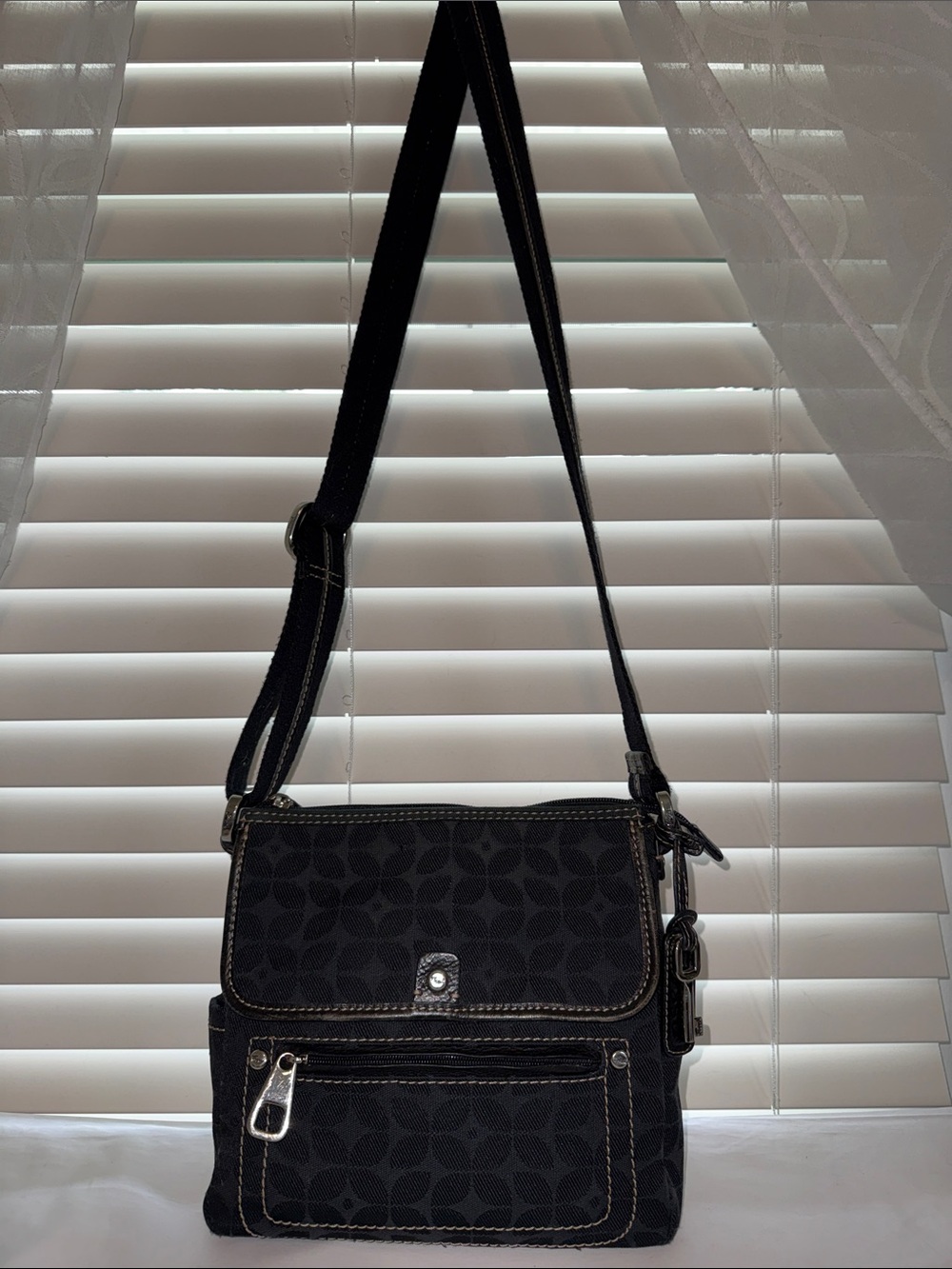 Fossil Black Patterned Crossbody Bag multi pockets